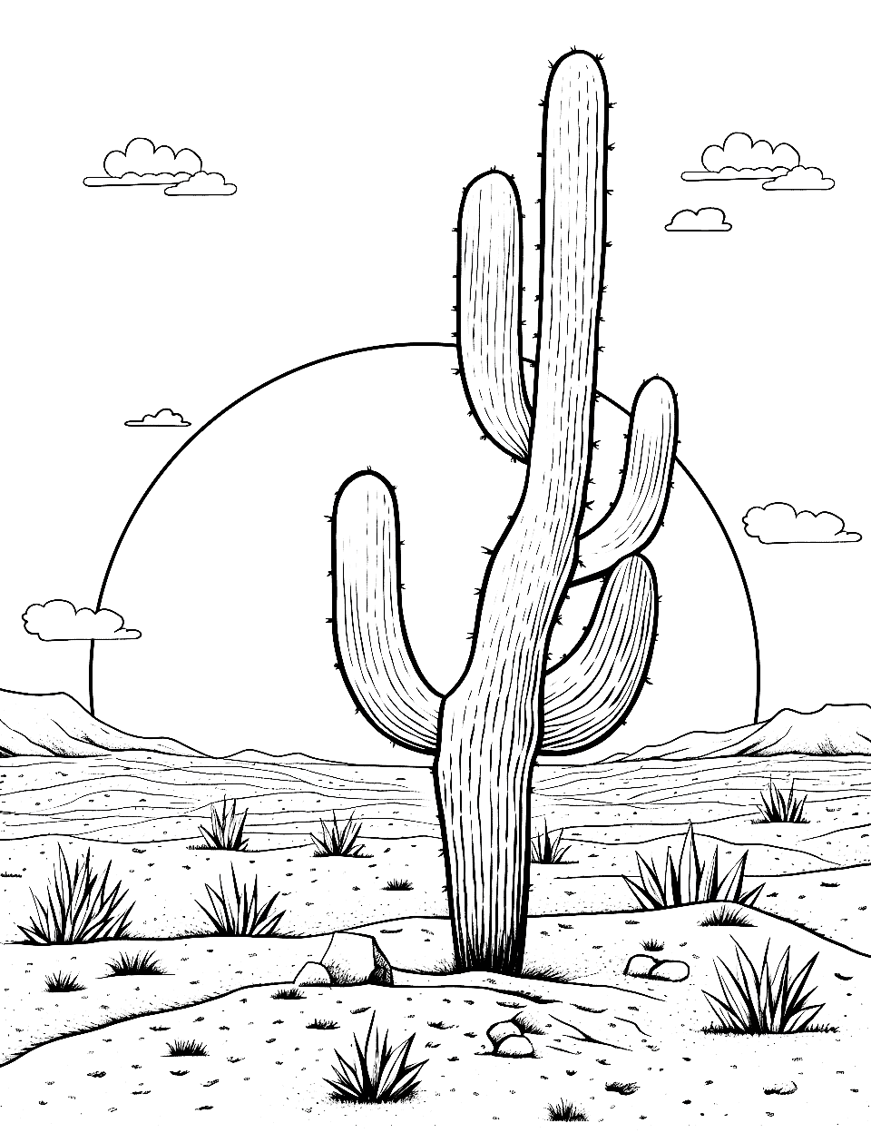 Aesthetic Desert Sunset Cactus Coloring Page - A serene desert landscape featuring a cactus, with a beautiful, colorful sunset in the background.