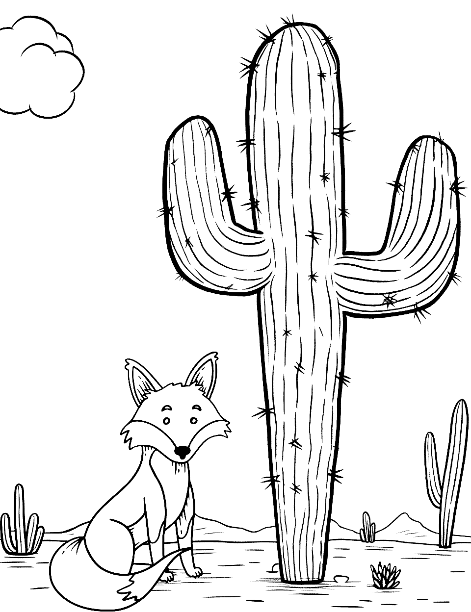 Desert Animal and Cactus Coloring Page - A single desert animal, like a coyote or a lizard, next to a cactus in the Sonoran Desert.
