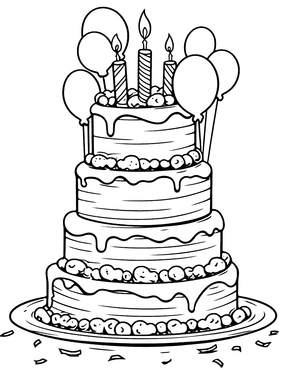 Birthday Celebration Cake Coloring Page - A large birthday celebration with a cake with candles and balloons around it.