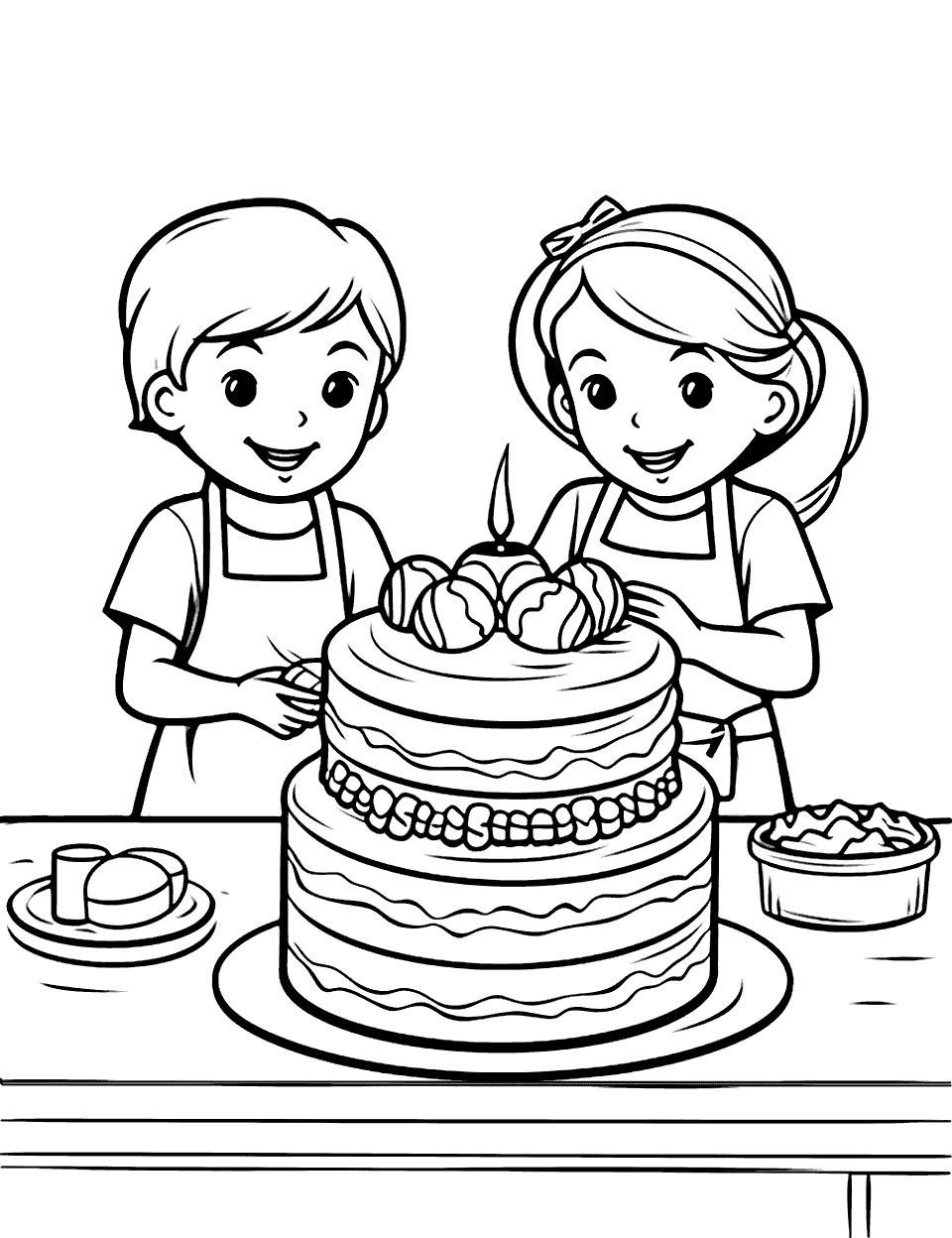 Baking Fun Cake Coloring Page - Children baking and decorating a cake in a kitchen.