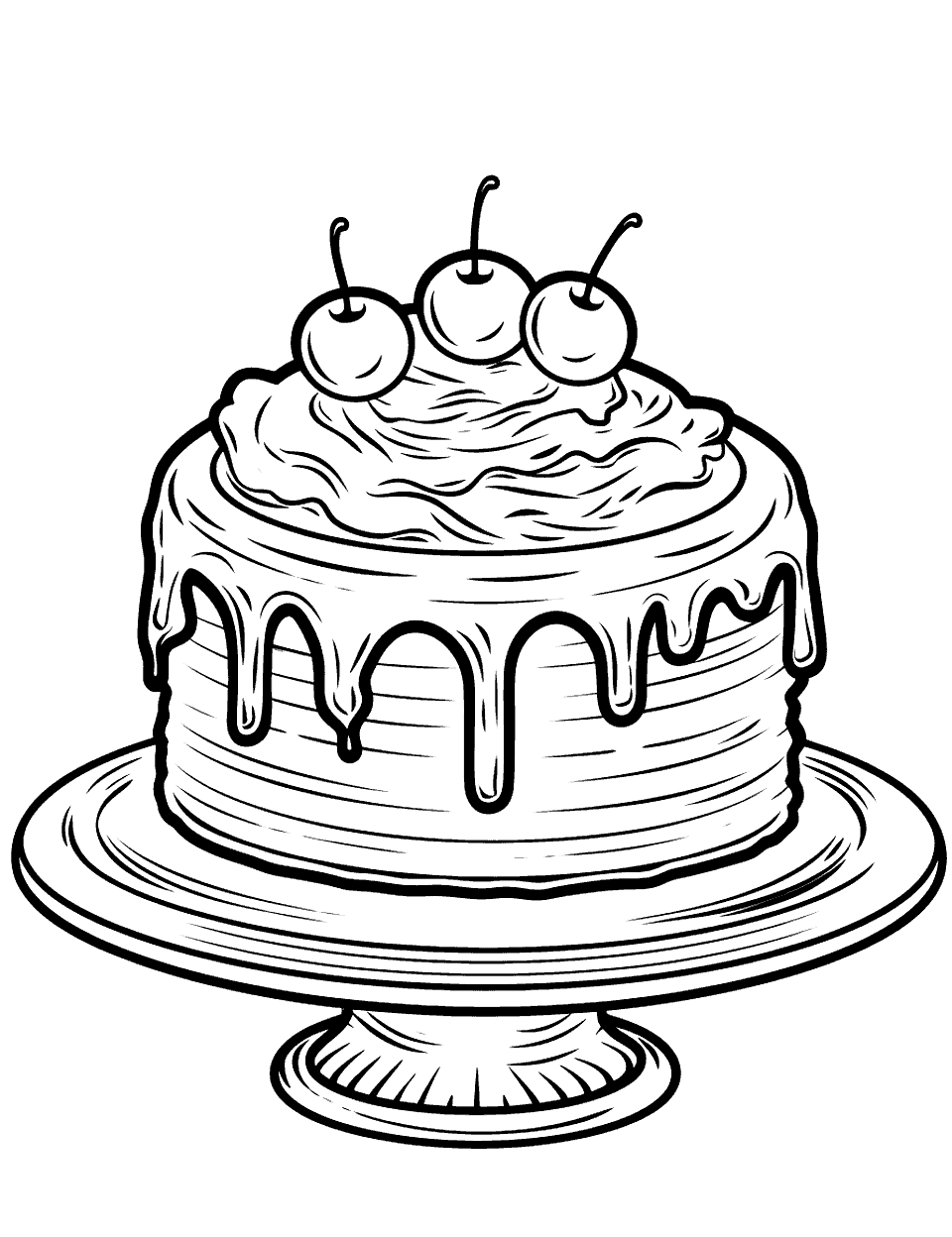 Chocolate Delight Cake Coloring Page - A rich, chocolate cake with dripping chocolate icing.