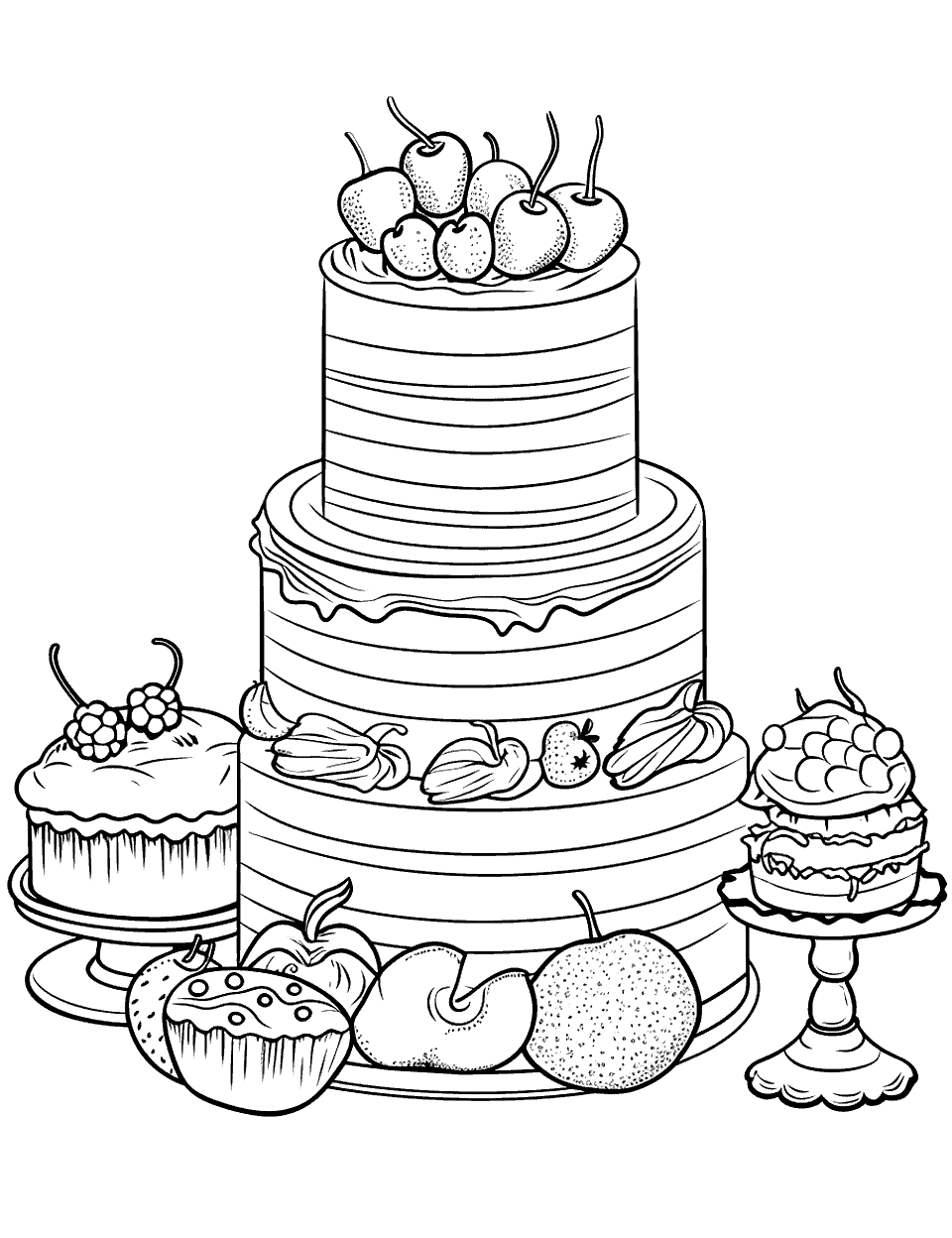 Dessert Fiesta Cake Coloring Page - A table filled with various types of desserts including a prominent cake.