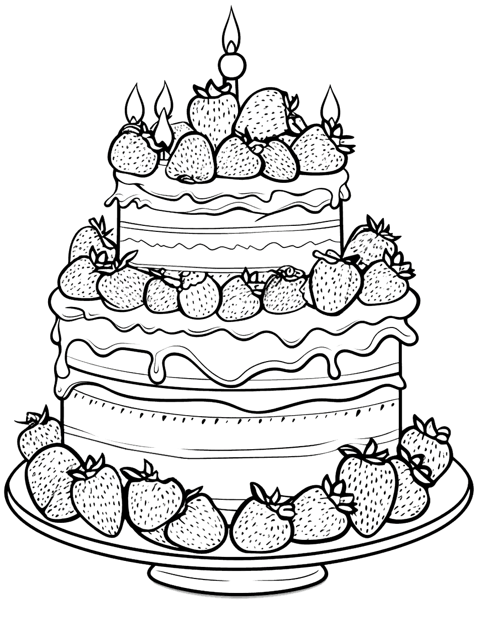 Strawberry Field Cake Coloring Page - A cake topped with fresh strawberries and whipped cream.