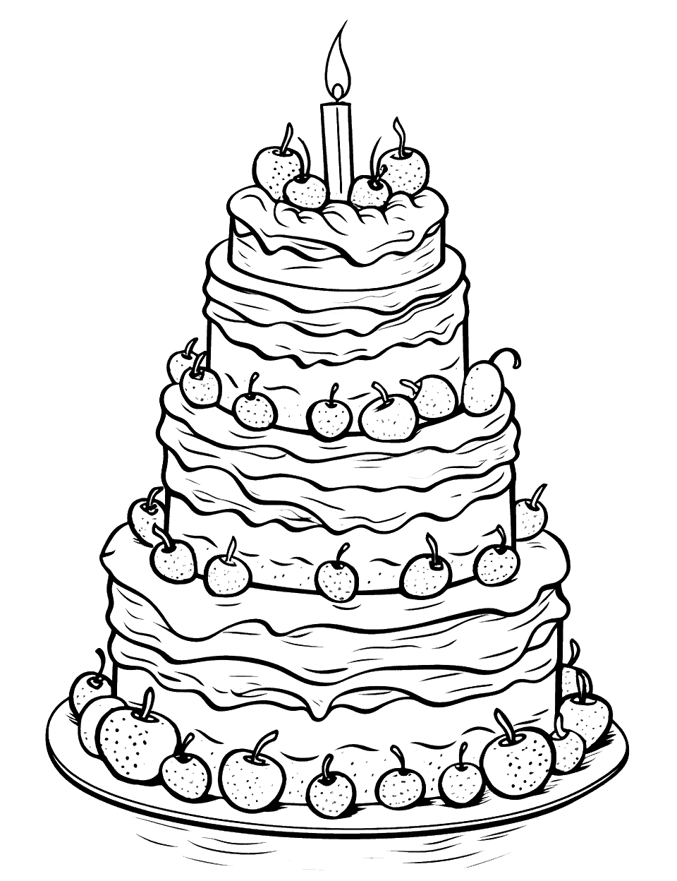 Layered Surprise Cake Coloring Page - A tall cake with multiple layers decorated.