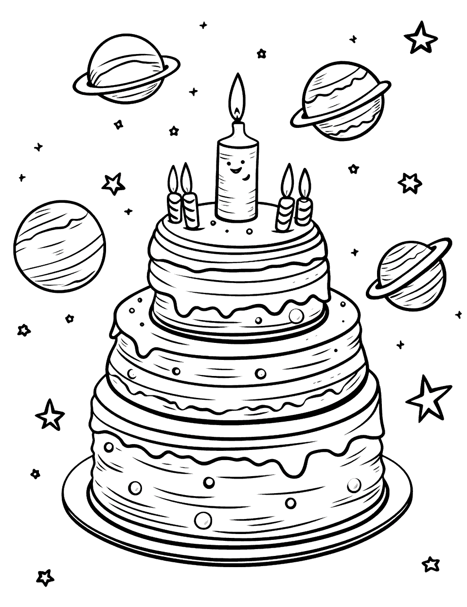 Space-Themed Celebration Cake Coloring Page - A space-themed cake with planets and stars.