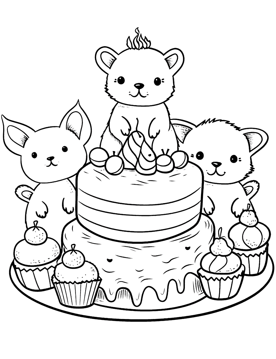 Cute Animal Party Cake Coloring Page - A small cake surrounded by various cute animals.