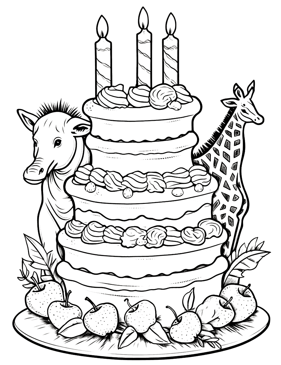 Safari Adventure Cake Coloring Page - A cake with safari animals.