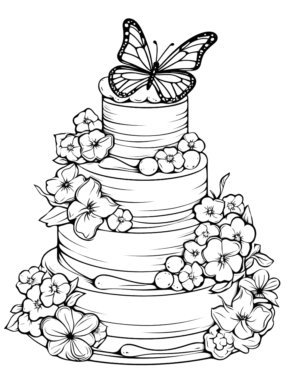 Butterfly Garden Cake Coloring Page - A cake with edible butterflies and floral decorations.