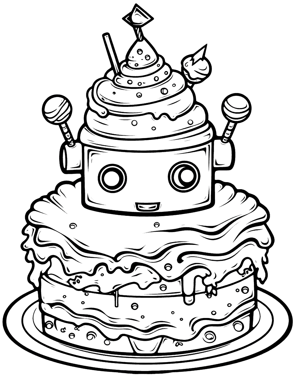 Robot Revolution Cake Coloring Page - A cake designed like a robot.