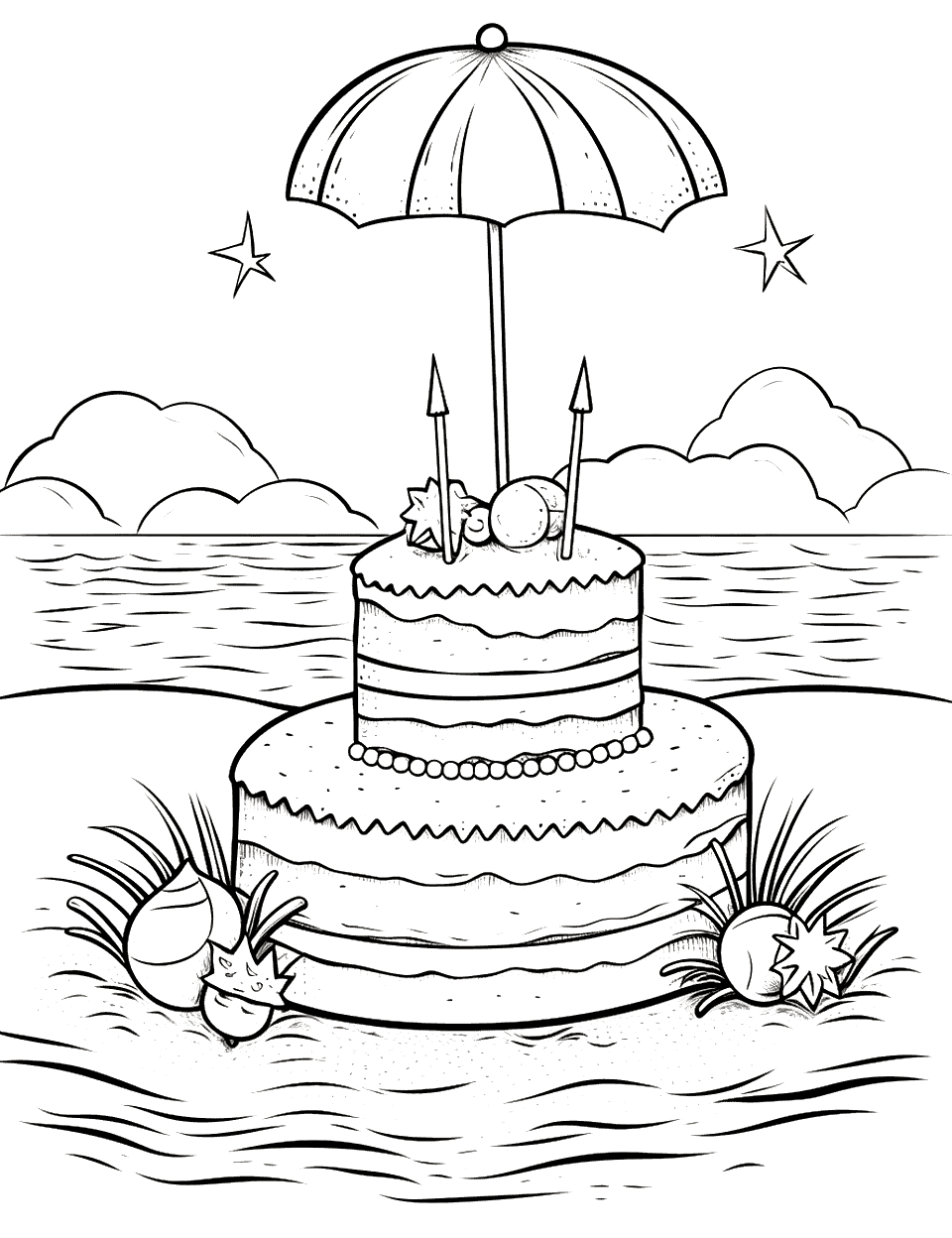 Beach Day Bliss Cake Coloring Page - A beach-themed cake with umbrellas and other beach-themed decorations.