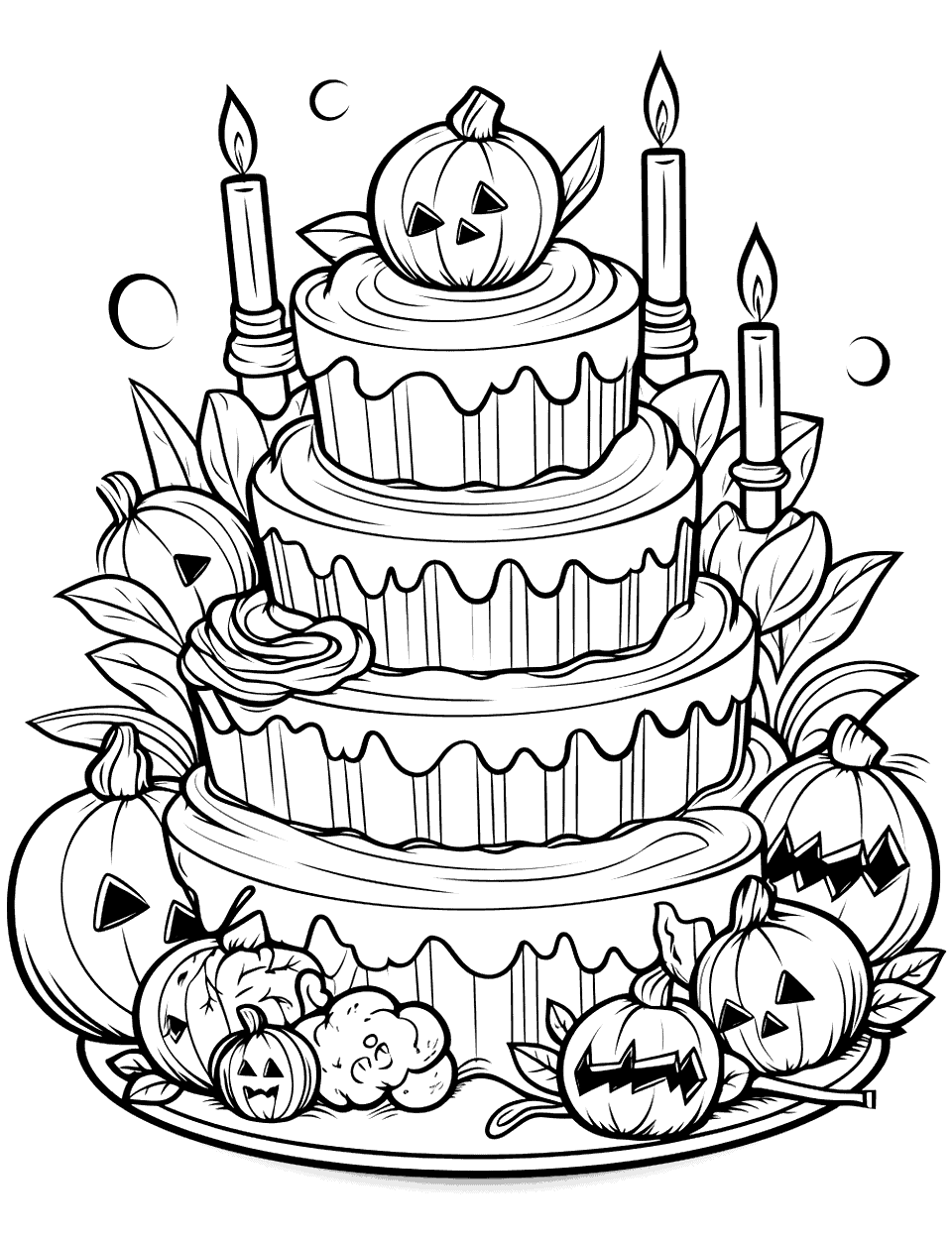 Halloween Spooktacular Cake Coloring Page - A Halloween-themed cake with pumpkins and other decorations.