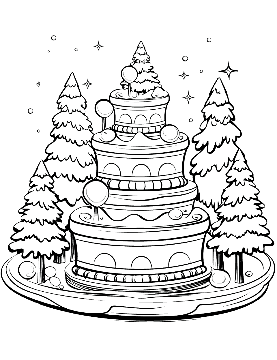 Winter Wonderland Cake Coloring Page - A cake depicting a snowy landscape with snow and trees.
