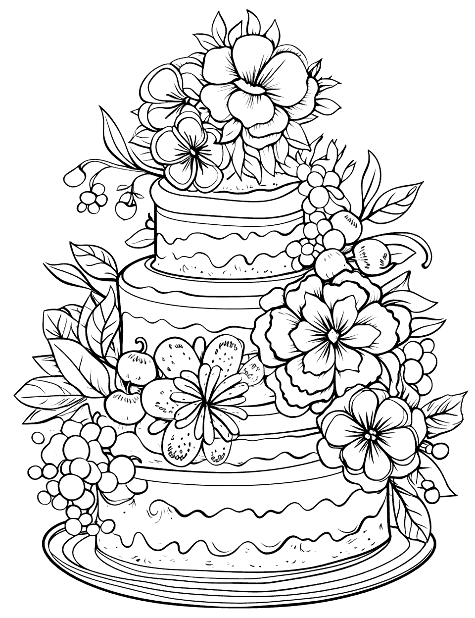 Floral Fantasy Cake Coloring Page - A cake covered in edible flowers and leaves.