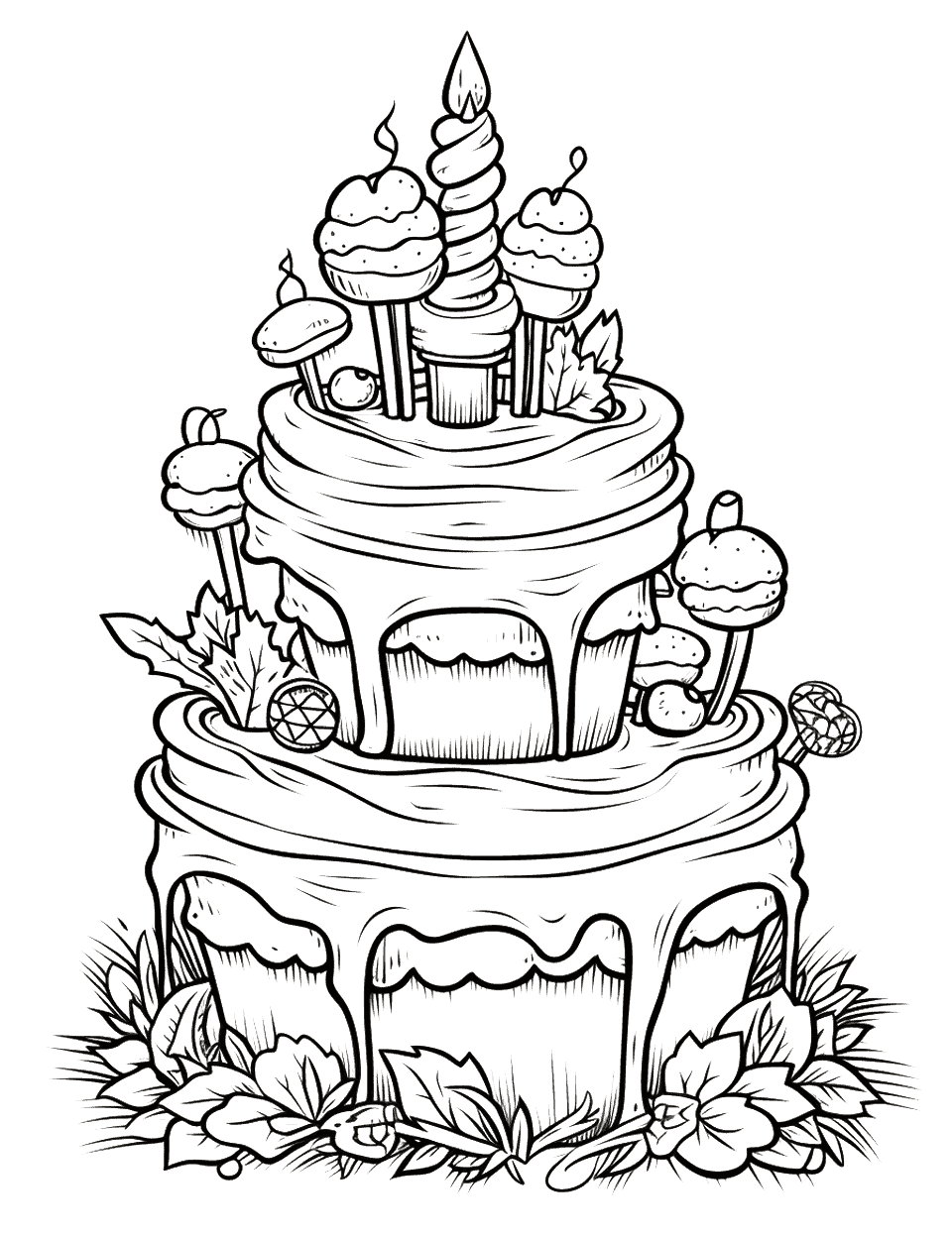 Enchanted Forest Cake Coloring Page - A cake with elements from a mystical forest.