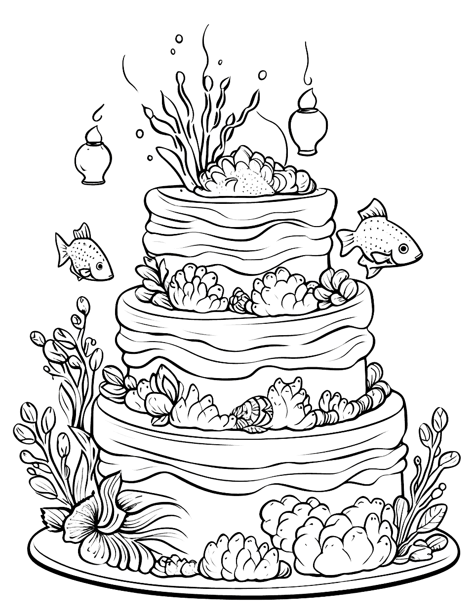 Deep Sea Diving Cake Coloring Page - A cake with an ocean depths theme, including fish and other decorations.