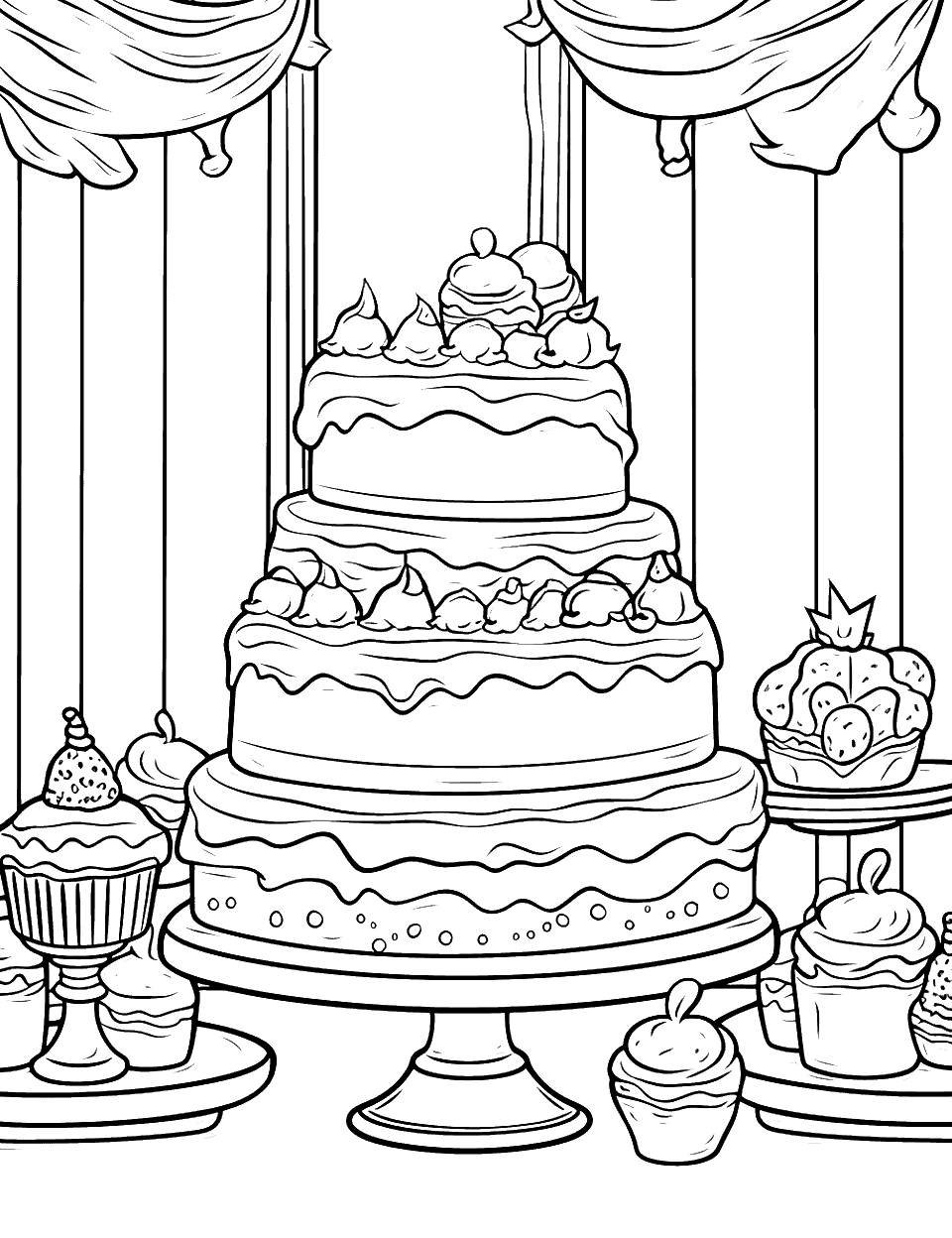 Detailed Cake Shop Coloring Page - An interior view of a cake shop with cakes of different shapes and sizes on display.