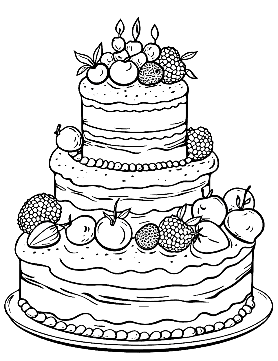 Fruit Fiesta Cake Coloring Page - A cake topped with an assortment of fresh fruits.