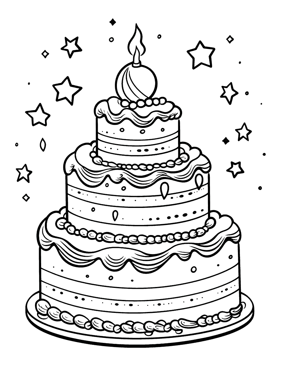 Starry Night Cake Coloring Page - A cake with a night sky theme, including stars.