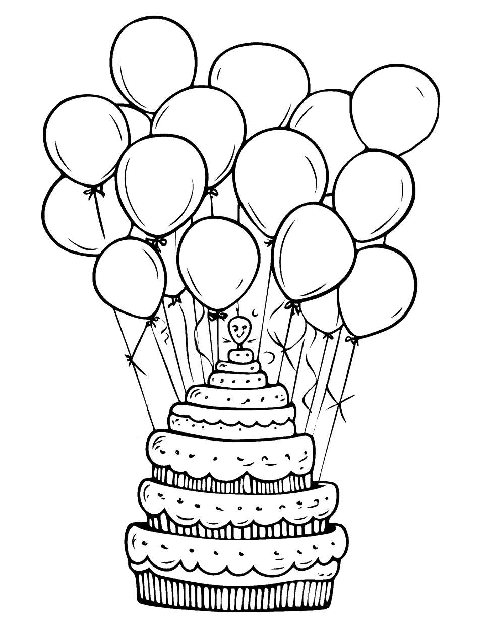 Balloon Bonanza Cake Coloring Page - A cake with a balloon theme.