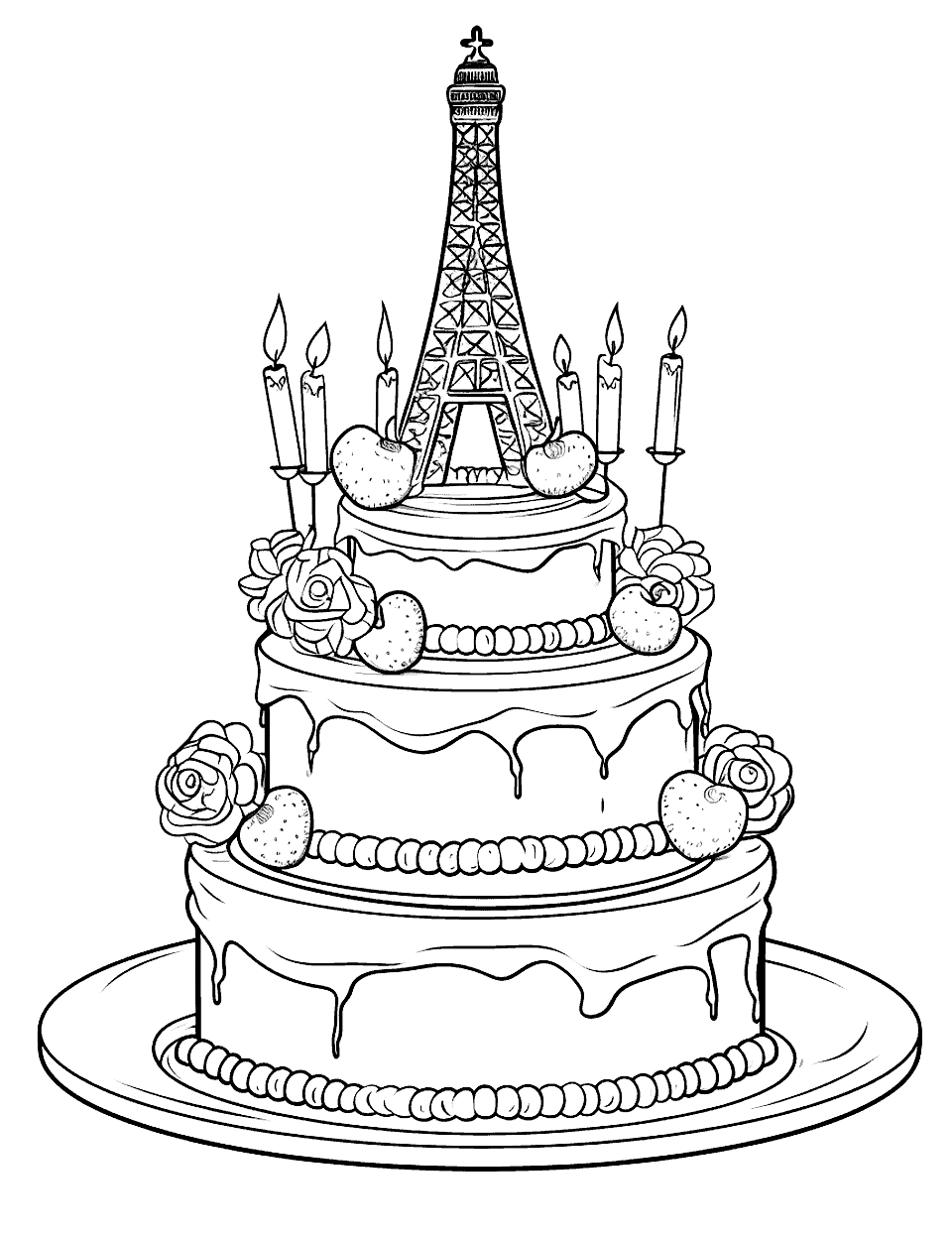 Parisian Elegance Cake Coloring Page - A cake with the Paris landmark like the Eiffel Tower.