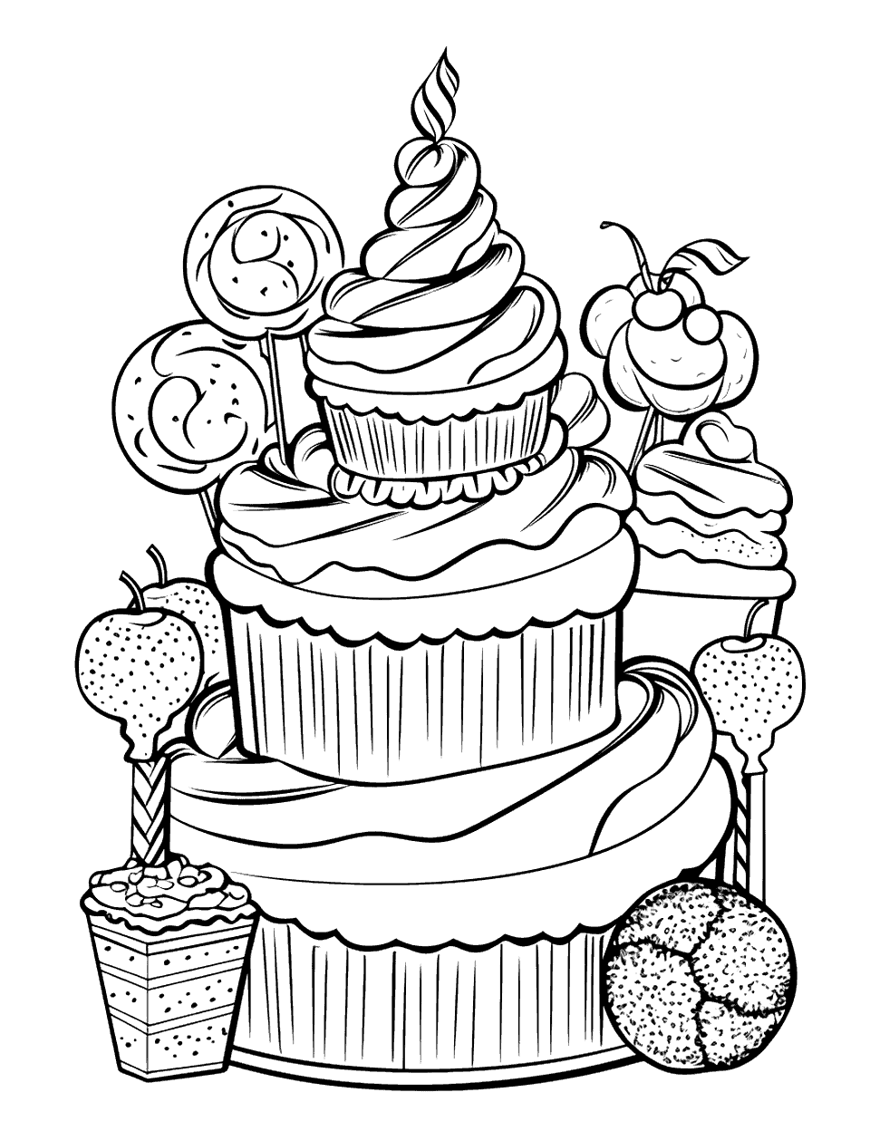 Candy Land Cake Coloring Page - A cake with a theme of various candies and sweets.