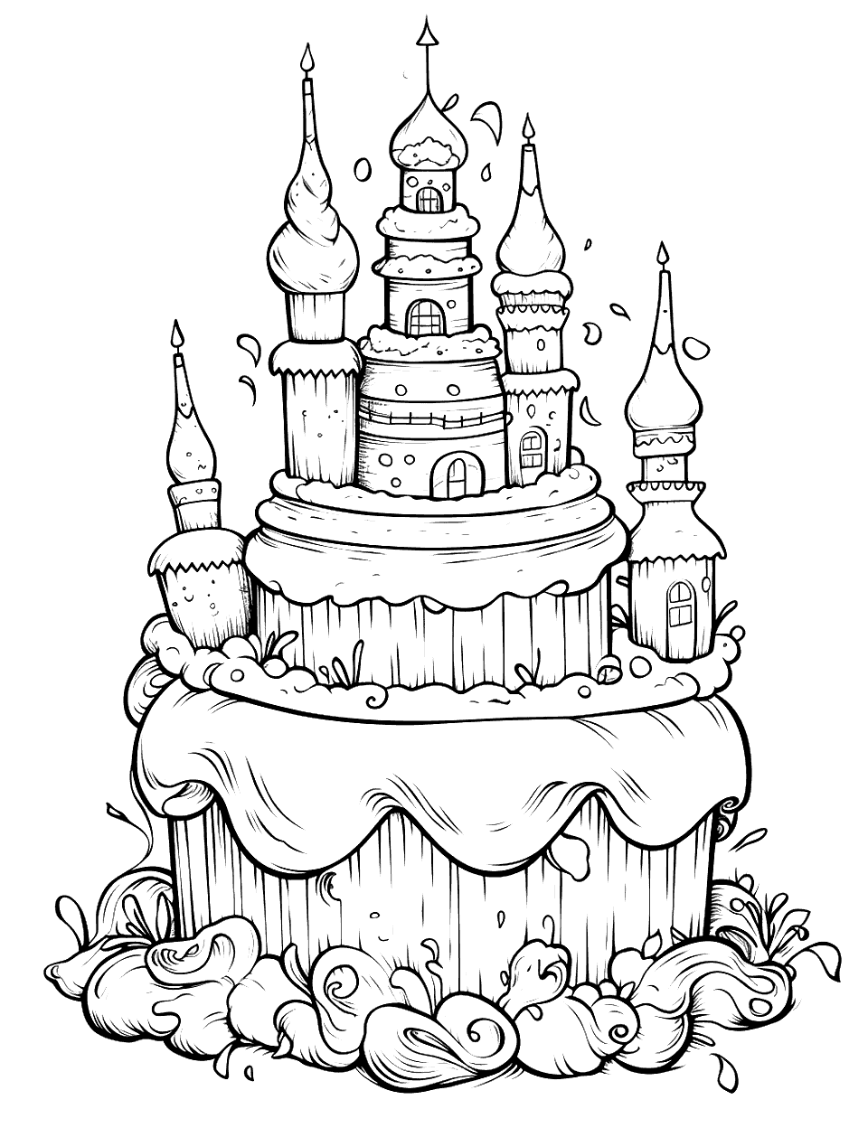 Enchanted Castle Cake Coloring Page - A cake designed like a magical castle.