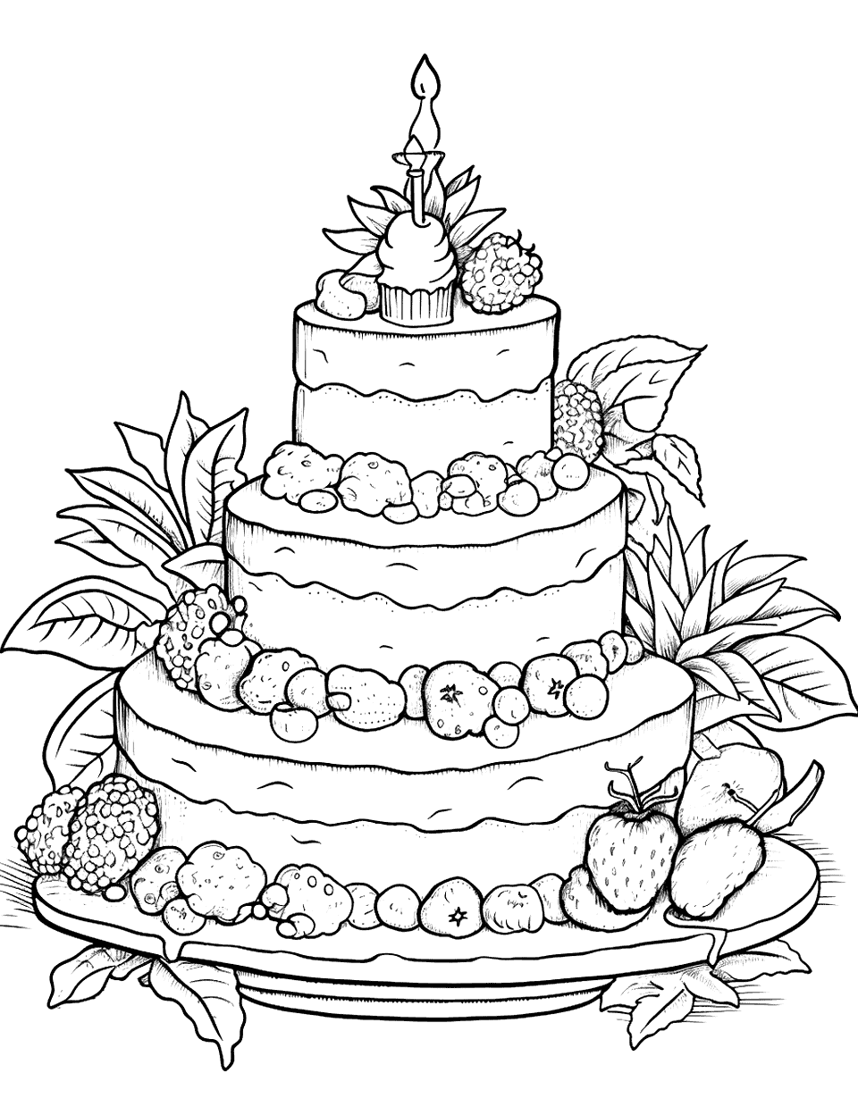 Rainforest Rendezvous Cake Coloring Page - A cake with a rainforest theme.