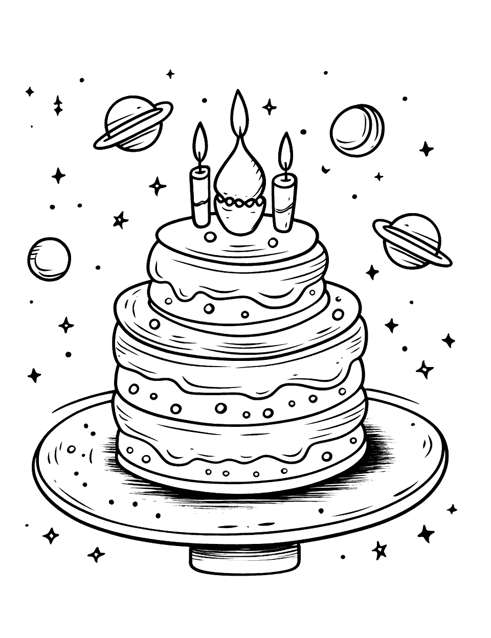 Deep Space Exploration Cake Coloring Page - A cake with planets and stars.