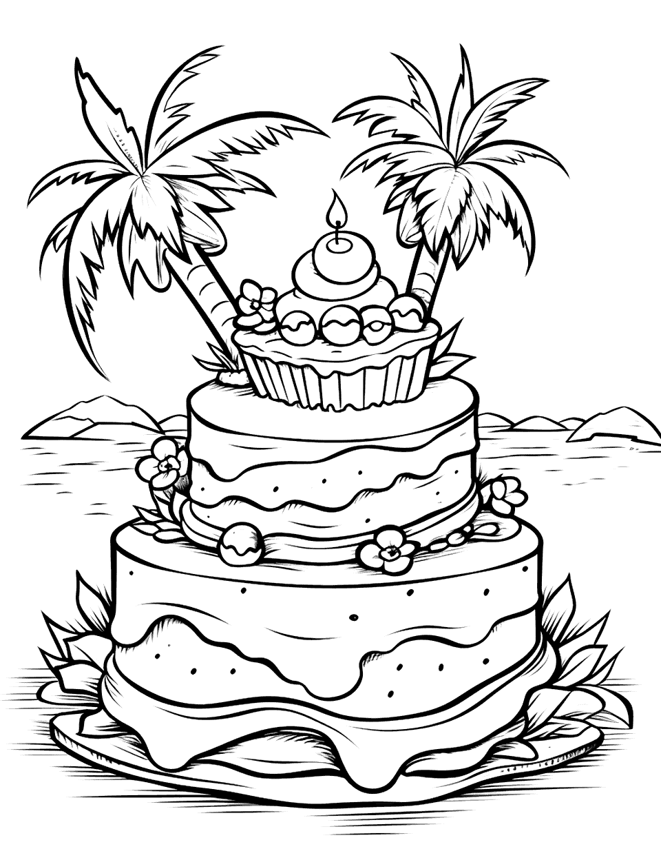 Island Adventure Cake Coloring Page - A cake with an island theme, including a beach and palm trees.
