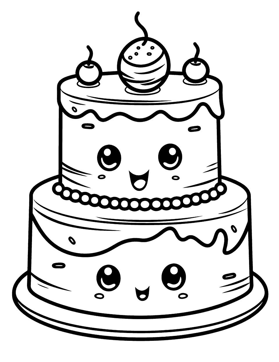 Kawaii Cake Coloring Page - A cartoon-style cake with cute facial expressions and decorations.