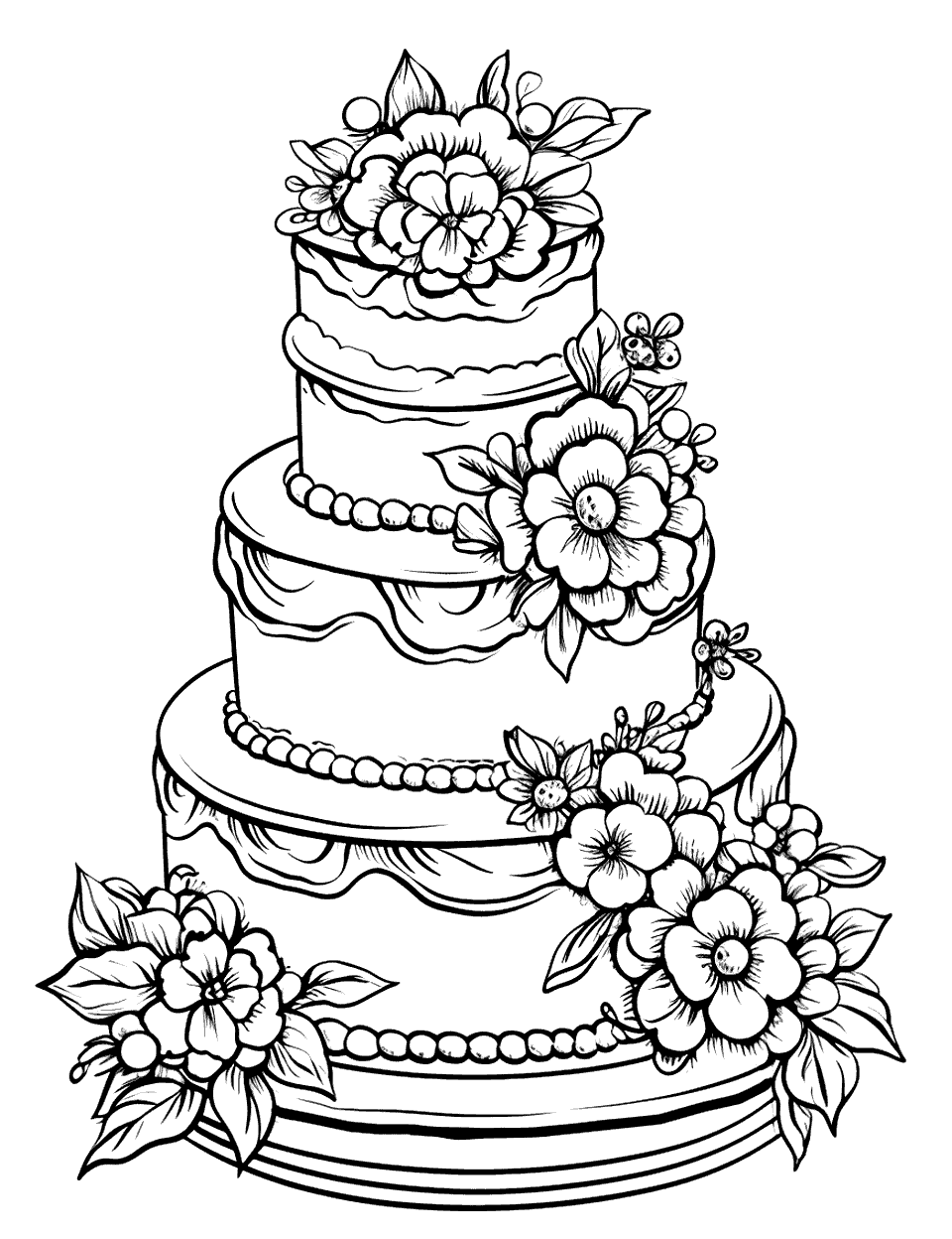 Wedding Bliss Cake Coloring Page - A tall, elegant wedding cake adorned with flowers.