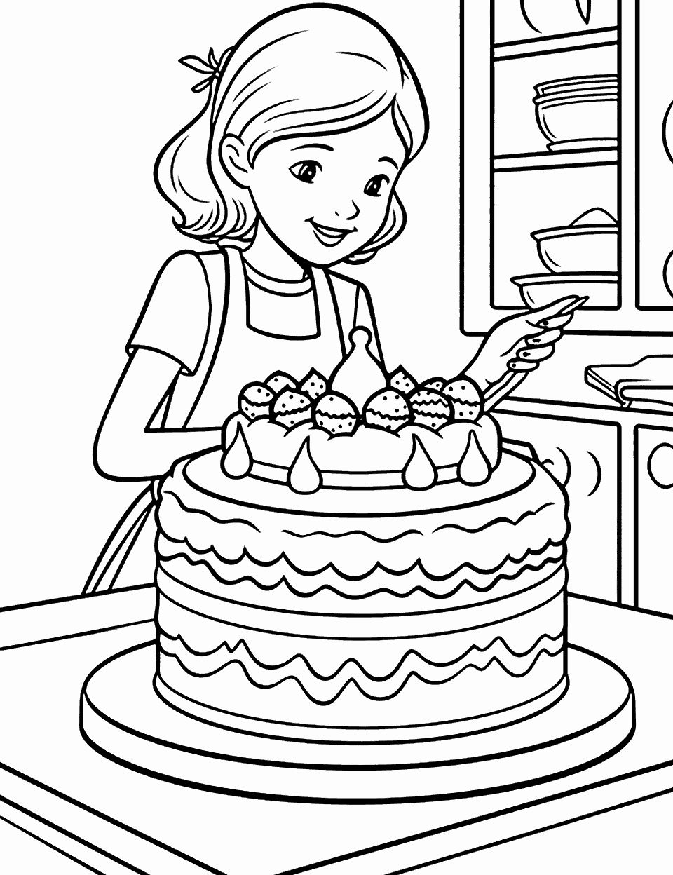 Decorating Masterpiece Cake Coloring Page - A cake in the process of being decorated with intricate icing patterns.