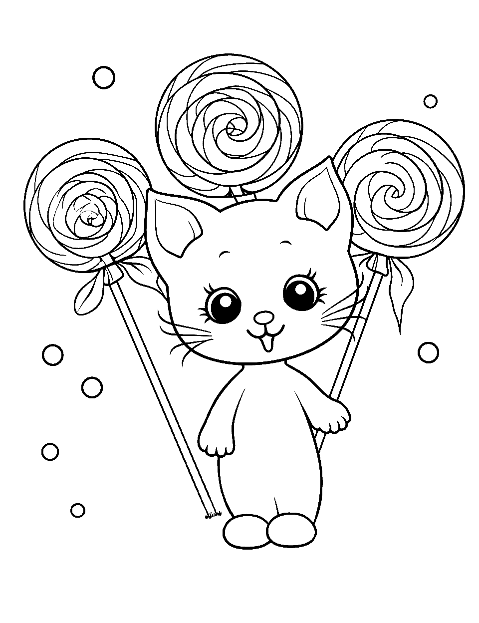 Cute Kitten With Lollipops Candy Coloring Page - A playful kitten surrounded by colorful lollipops.