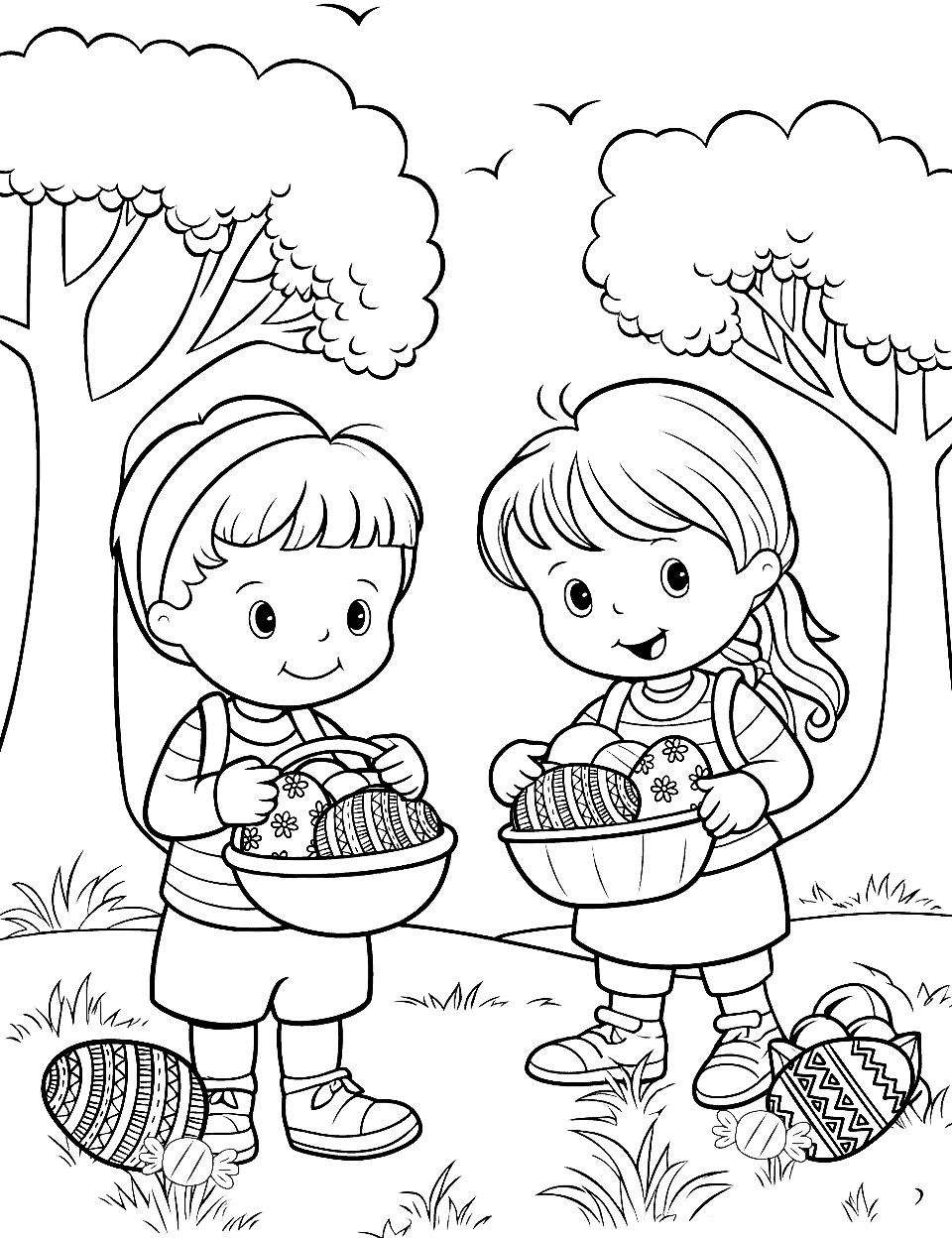 Easter Egg Hunt Candy Coloring Page - Children searching for Easter eggs and candies in a garden.