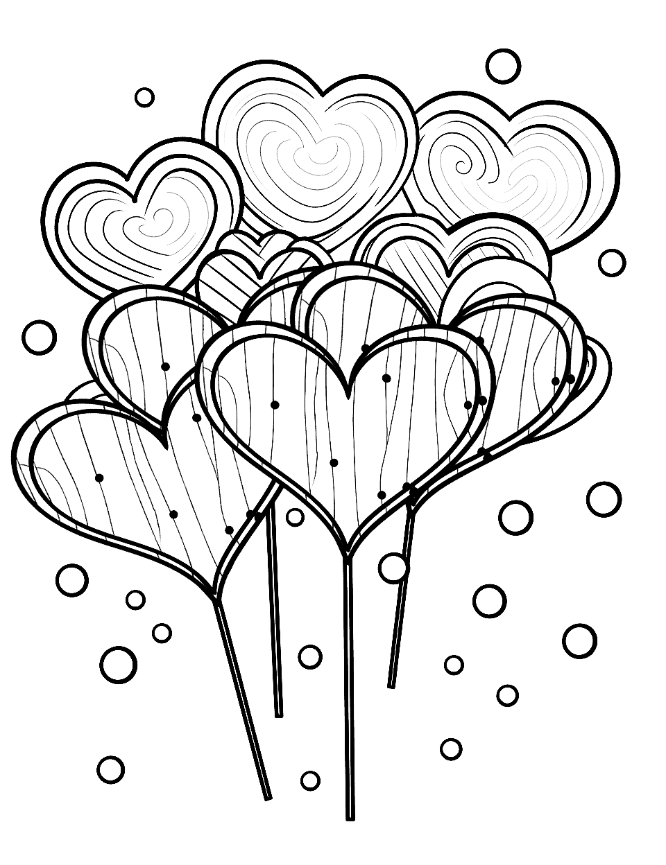 Valentine's Day Hearts and Candy Coloring Page - A scene with heart-shaped candies for Valentine’s Day decorations.
