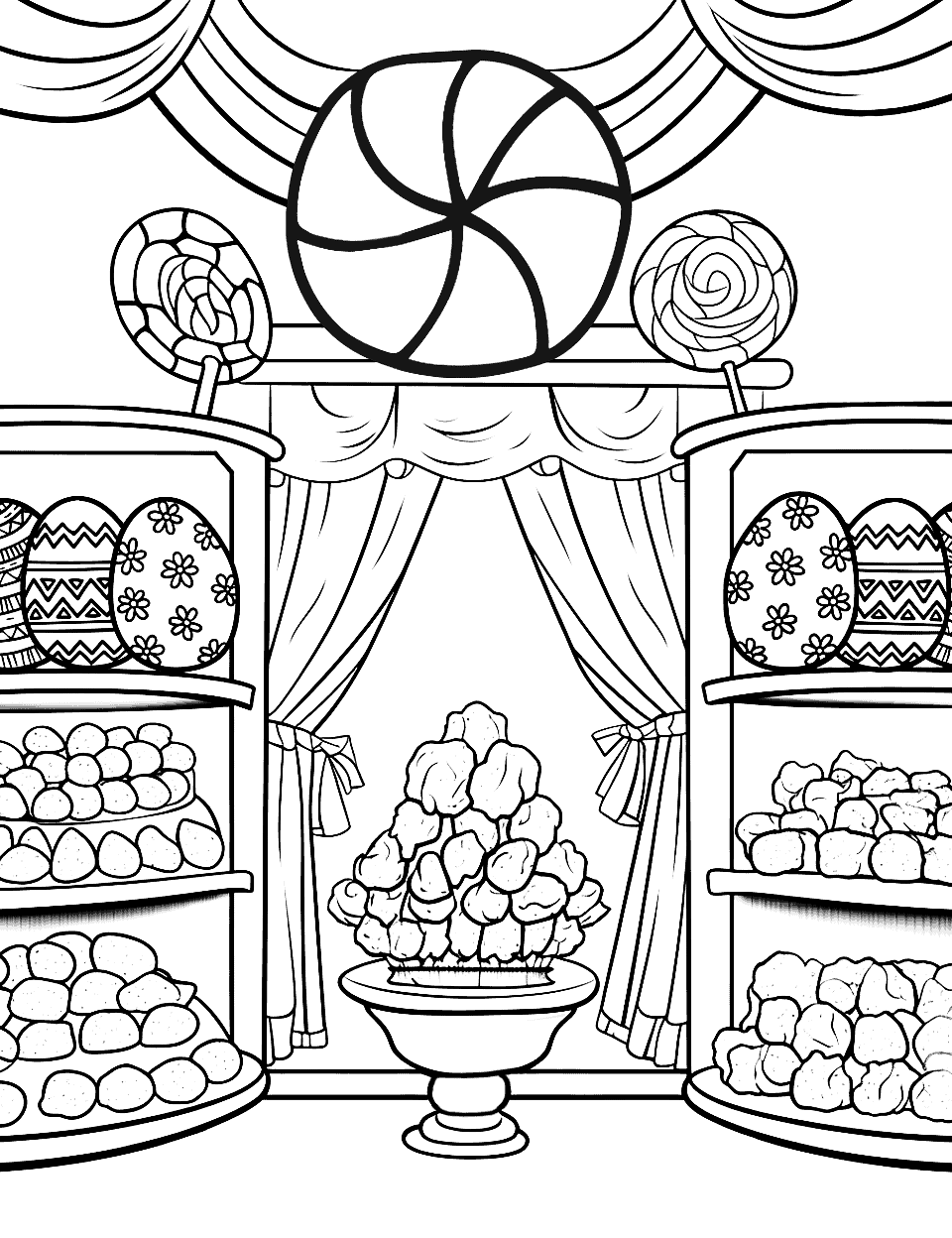 Large Candy Store Coloring Page - An interior view of a large candy store with shelves full of different types of candies.