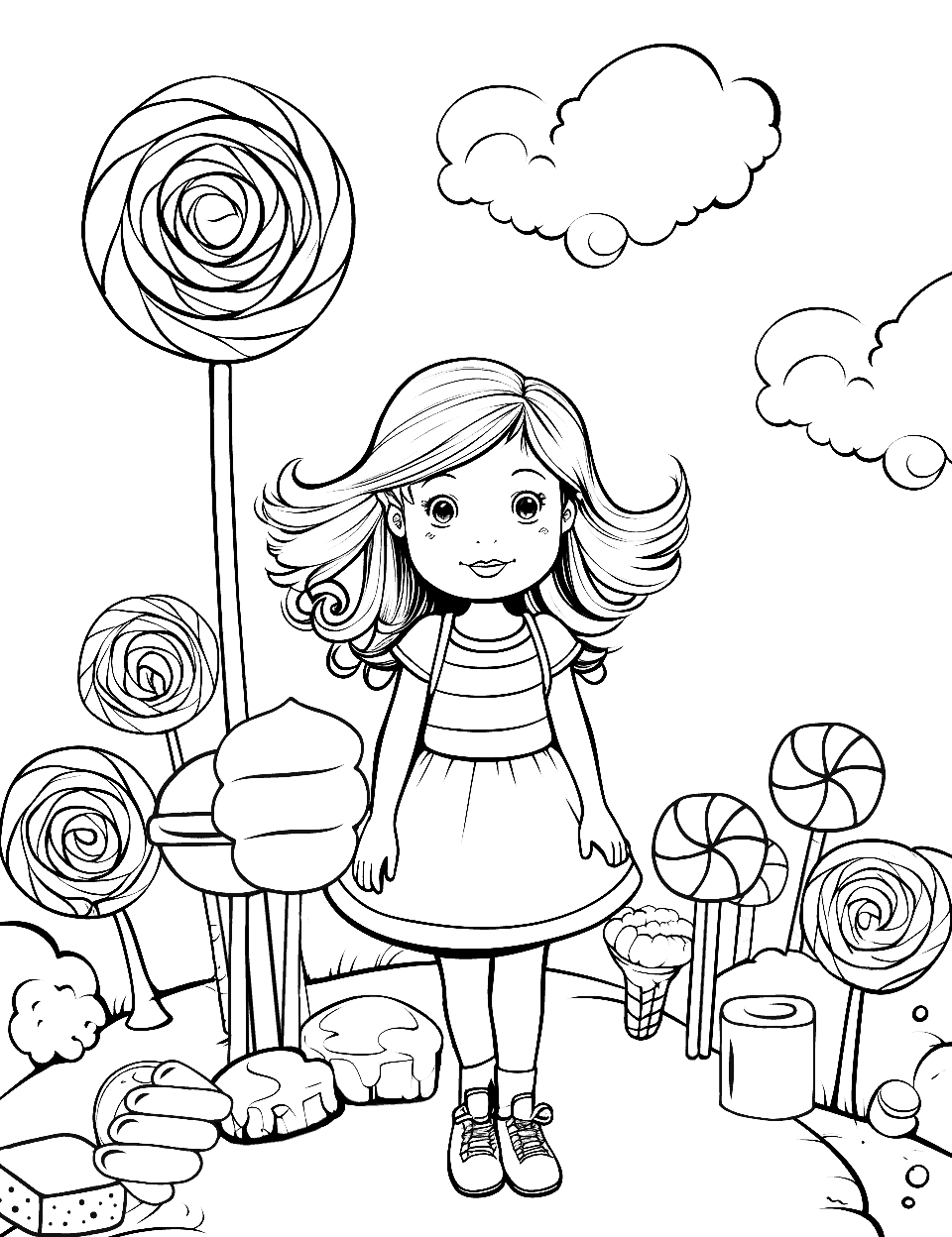 Kid in a Candy World Coloring Page - A young girl exploring a magical world made entirely of candy.