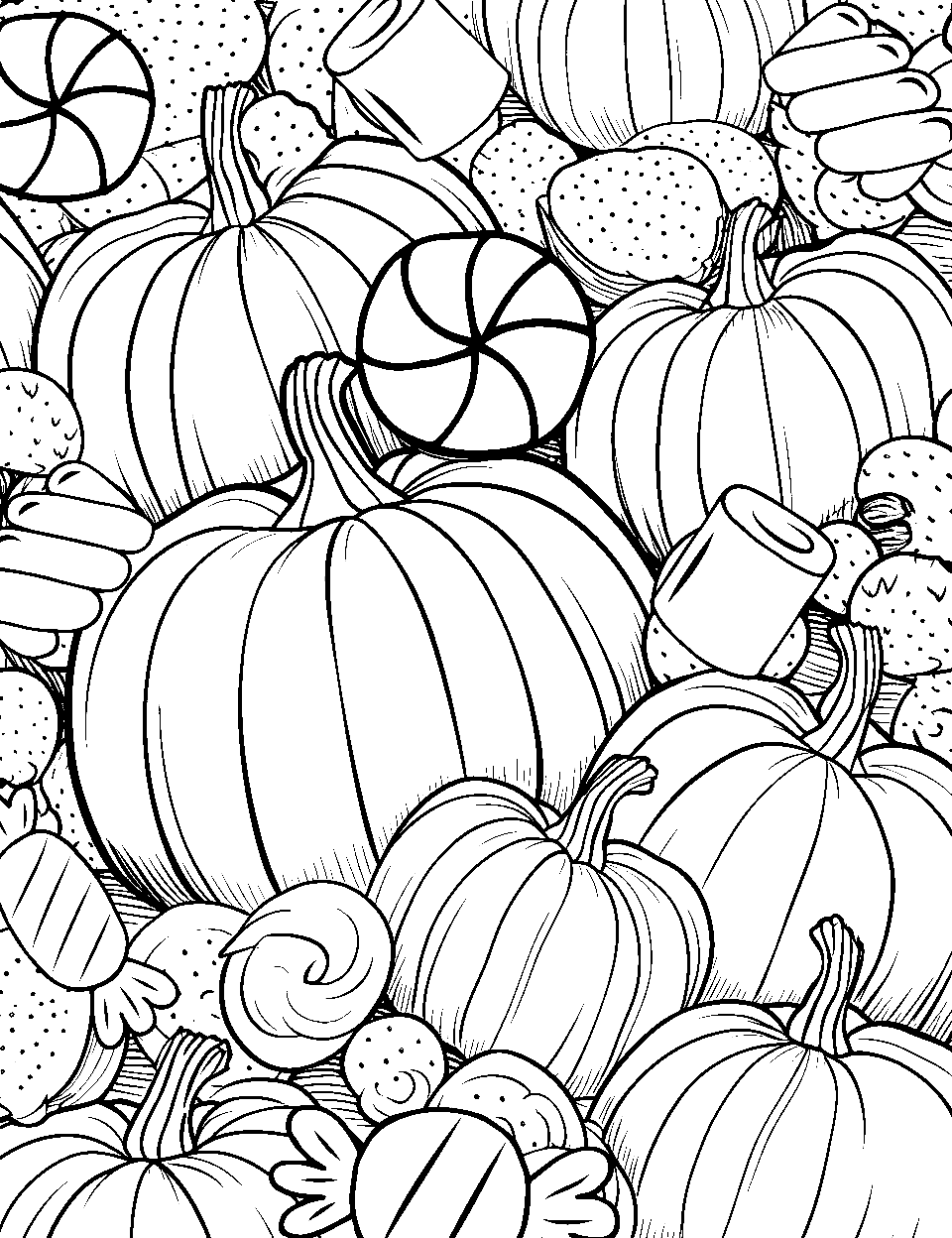 Pumpkin Patch Treats Candy Coloring Page - A pumpkin patch with hidden candies among the pumpkins for kids to find.