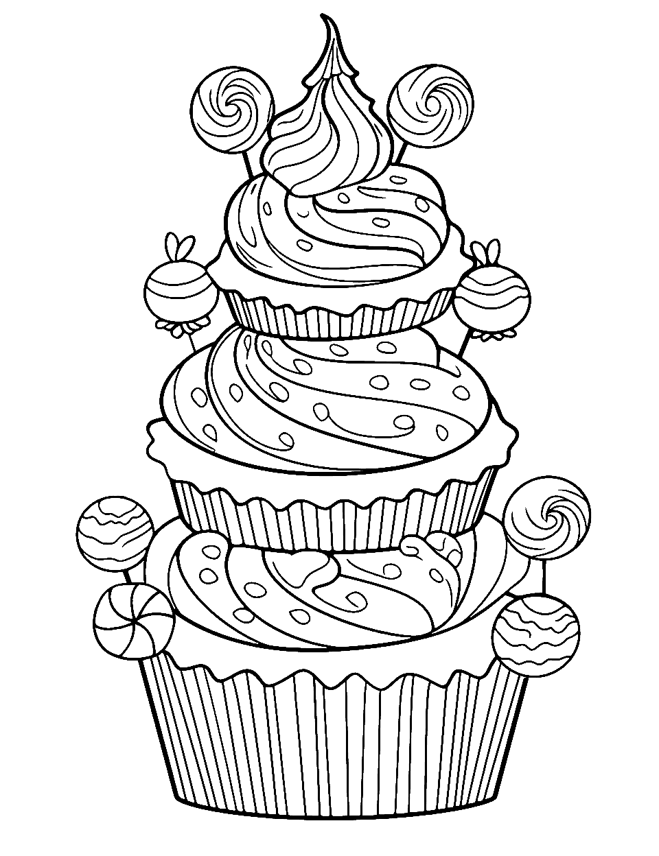 Tasty Cupcake Tower Candy Coloring Page - A tall tower made of colorful and intricately decorated cupcakes.