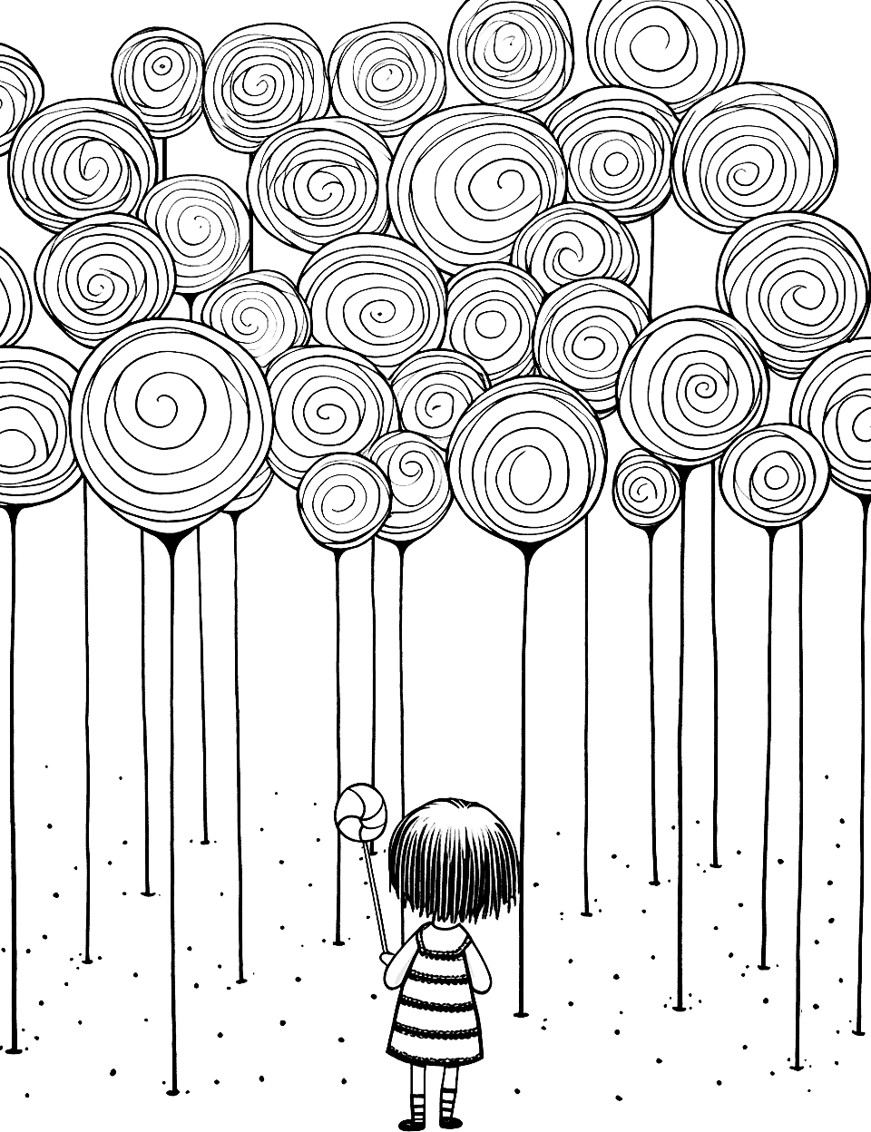 Lollipop Forest Exploration Candy Coloring Page - A child wanders through a forest where the trees are giant lollipops of various colors.