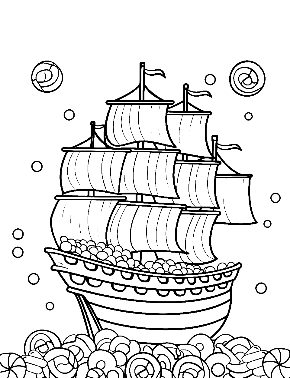 Candy Pirate Ship Coloring Page - A pirate ship full of candy on the high seas made of candy.