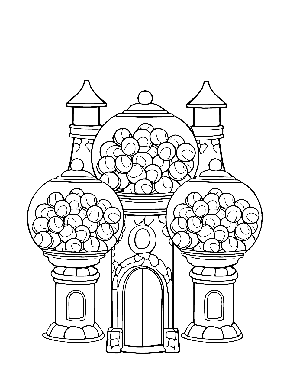 Gumball Machine Castle Candy Coloring Page - A castle built entirely out of gumball machines.