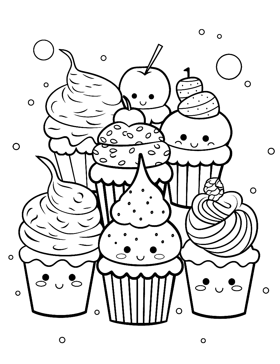 Kawaii Cupcakes Party Candy Coloring Page - Several adorable, kawaii-style cupcakes with cheerful faces.
