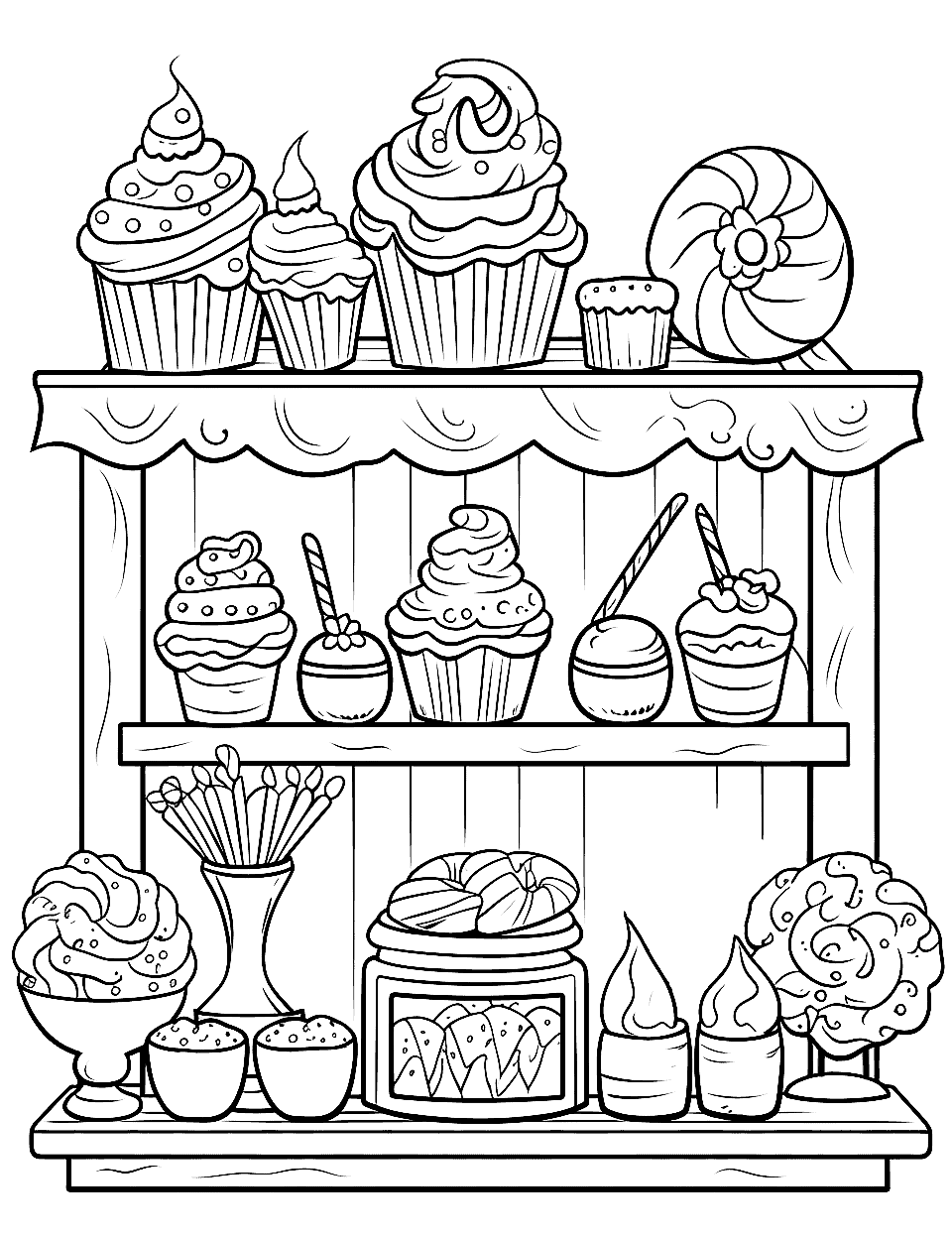 Sweet Shop Bakery Candy Coloring Page - A cozy bakery scene with shelves filled with candy and cakes.