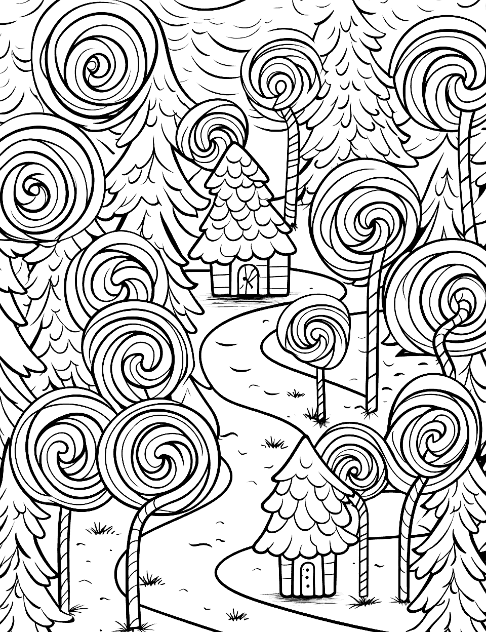 Candy Cane Sweets Forest  Coloring Page - A forest made out of candy canes, frosted trees, and gingerbread huts.
