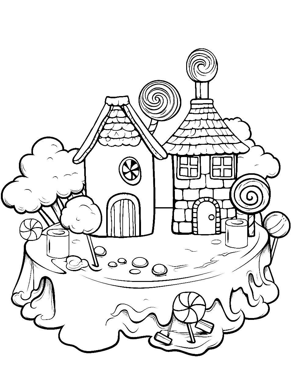 Yummy Dessert Island  Candy Coloring Page - An island where the trees are made of sugar and the sand is muffin, cream, and other gooey sweetness.