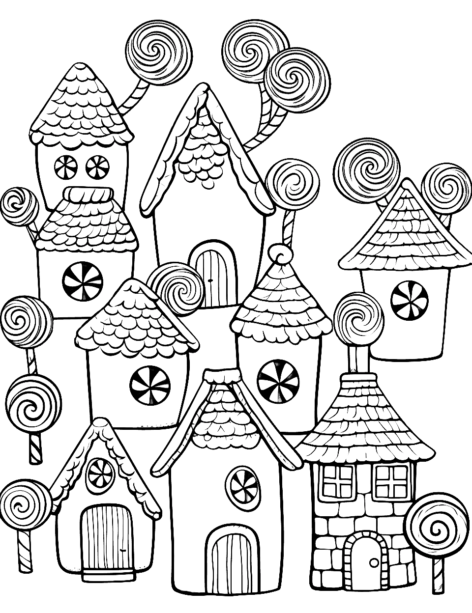 Gingerbread Village Festival Candy Coloring Page - A village where all the houses are made of gingerbread and decorated with candies.