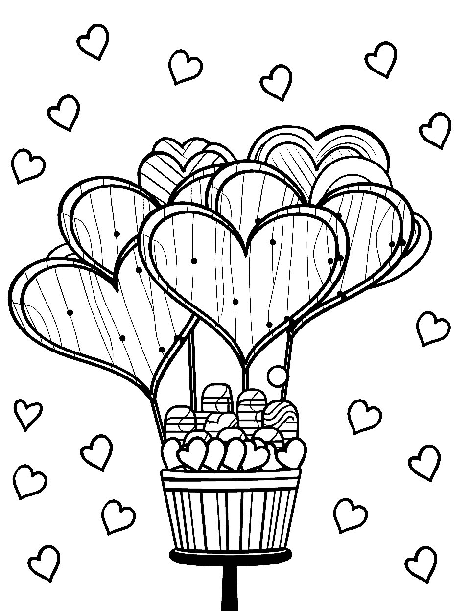 Sweetheart Valentine's Party Candy Coloring Page - A Valentine’s Day party scene with heart-shaped candies and decorations.