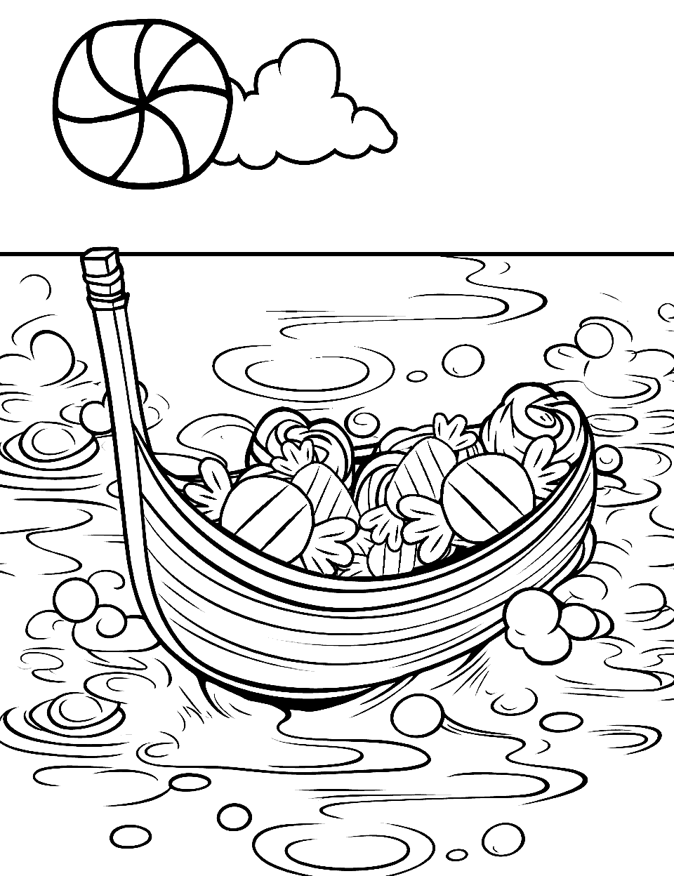 Chocolate River Adventure Candy Coloring Page - A small boat carrying candy floating on a river made entirely of flowing chocolate.