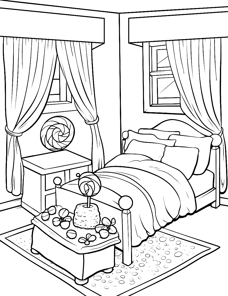 Sweet Dreams Bedroom Candy Coloring Page - A child’s bedroom with furniture and decorations themed around various sweets and candies.